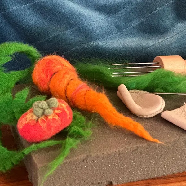 A carrot, tomato, and leaves made from colorful felt.
