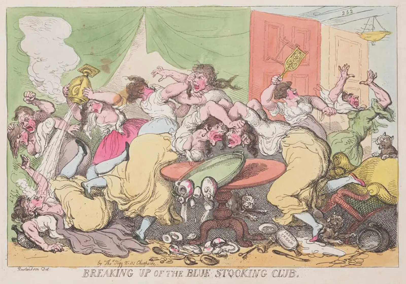 Etching of women fighting, knocking drinks, tables, and each other to the ground.
