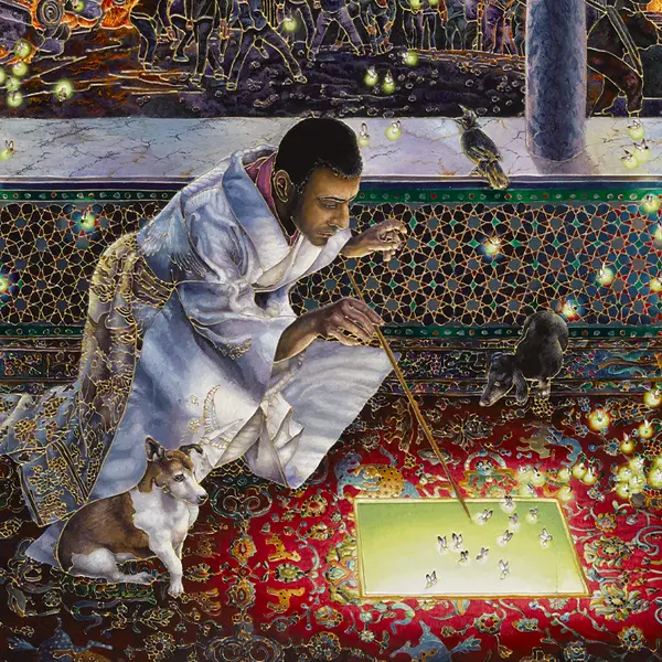 An enamel artwork featuring a person and a dog looking at a glowing square on an ornate carpet.	