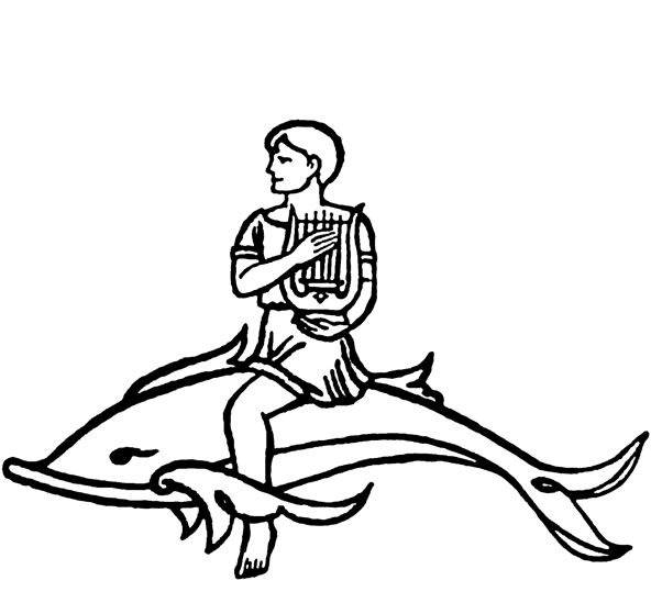 An black line illustration of a person riding a fish while playing the harp.