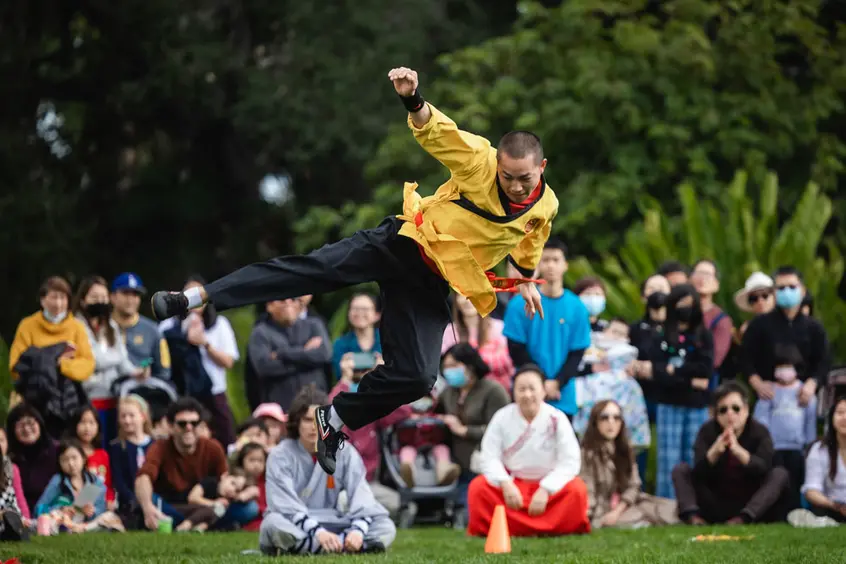 A group of people watch a kung fu performer jump-kick in the air.