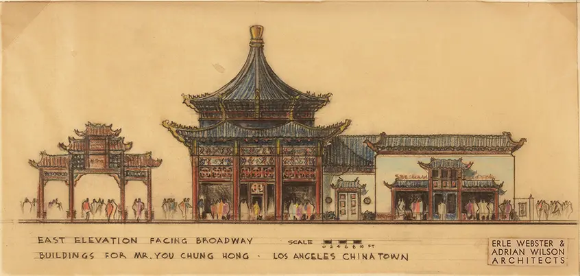 Erle Webster (1898-1971) and Adrian Wilson (1898-1988), architects, Buildings for Mr. You Chung Hong, Los Angeles Chinatown, East elevation facing Broadway, ca. 1936-37. Colored pencil and pastel on tracing paper, 17 1/2 x 13 1/2 inches. © Courtesy of Jane Wilson Higley, 2018. The Huntington Library, Art Collections, and Botanical Gardens.
