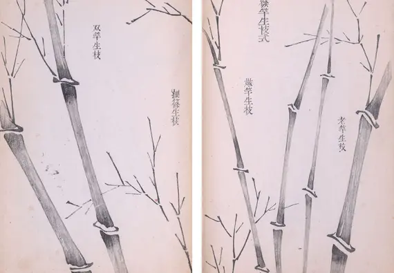 Black ink brush painting of bamboo with instructional text in Chinese.