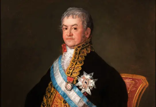 A painted portrait of a Spanish head of state in formal red and black clothing with gold details.