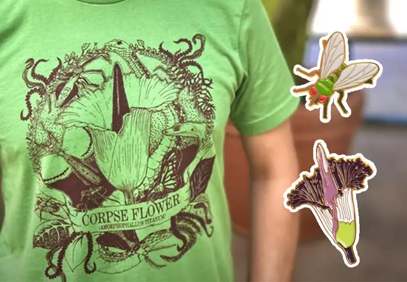 Photo collage of "Corpse Flower" merch, including a green tee shirt and enamel pins.