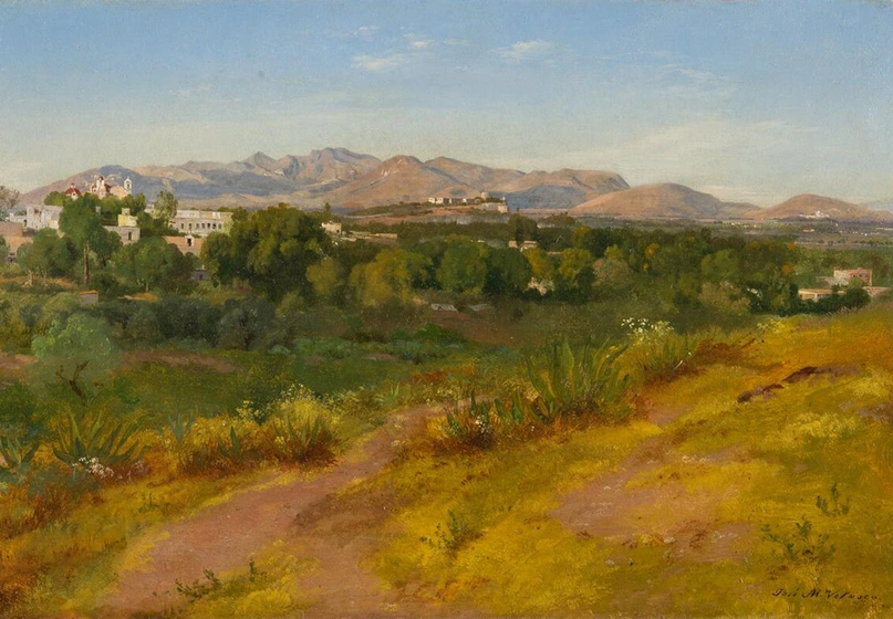 A painting of a landscape with dense trees and mountains in the distance.