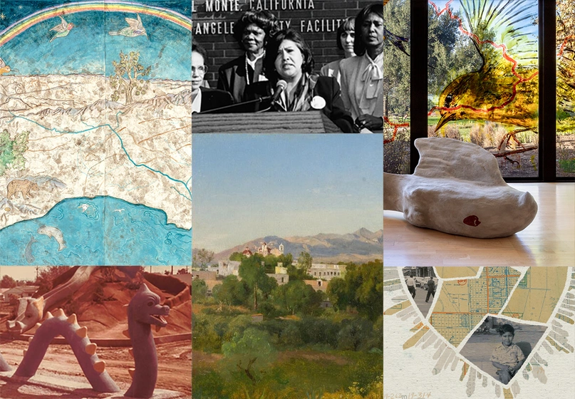 A grid collage of images, from left to right, an illustrated map of California with flora and fauna, a black and white photo of a group of people at a podium, a stone sculpture of a bird on a wood floor in front of a window with a yellow bird painted on it, a sepia tone photo of a stylized serpent in a playground, a painting of a landscape, a collage of images and maps creating a heart.