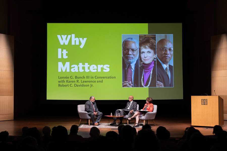 : Lonnie G. Bunch III, the 14th secretary of the Smithsonian Institution, spoke with Huntington Governor Robert C. Davidson Jr. and Huntington President Karen R. Lawrence at the Why It Matters event in Rothenberg Hall on April 26