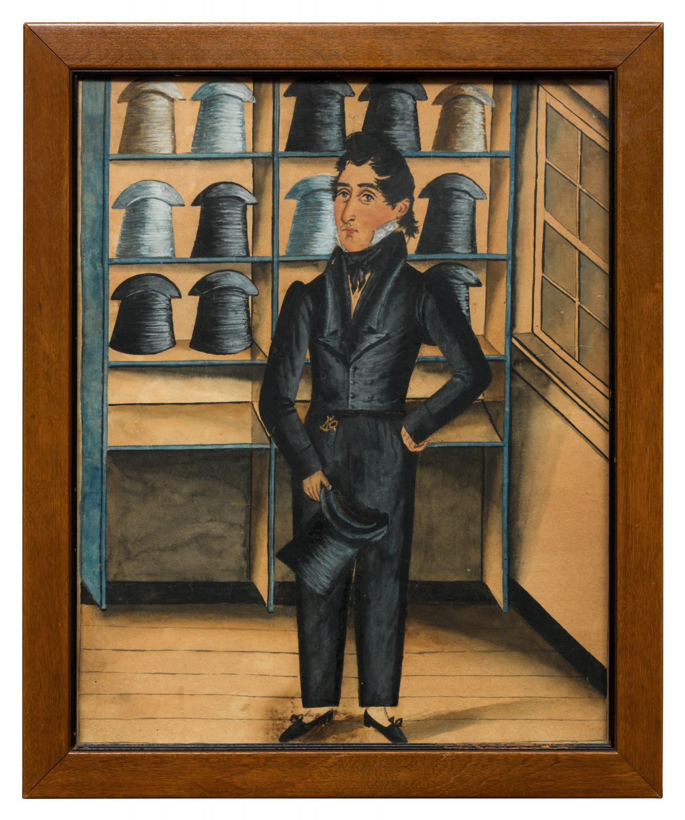 Painting of man wearing a suit, holding a top hat in his right hand with other hand on his hip, standing in front of shelves displaying rows of top hats.