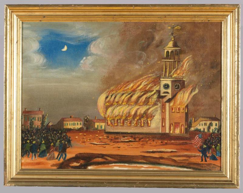 Painting of two-story wooden church with tall steeple, engulfed in fire with flames coming out of all windows; crowds gathered at a distance to watch. 