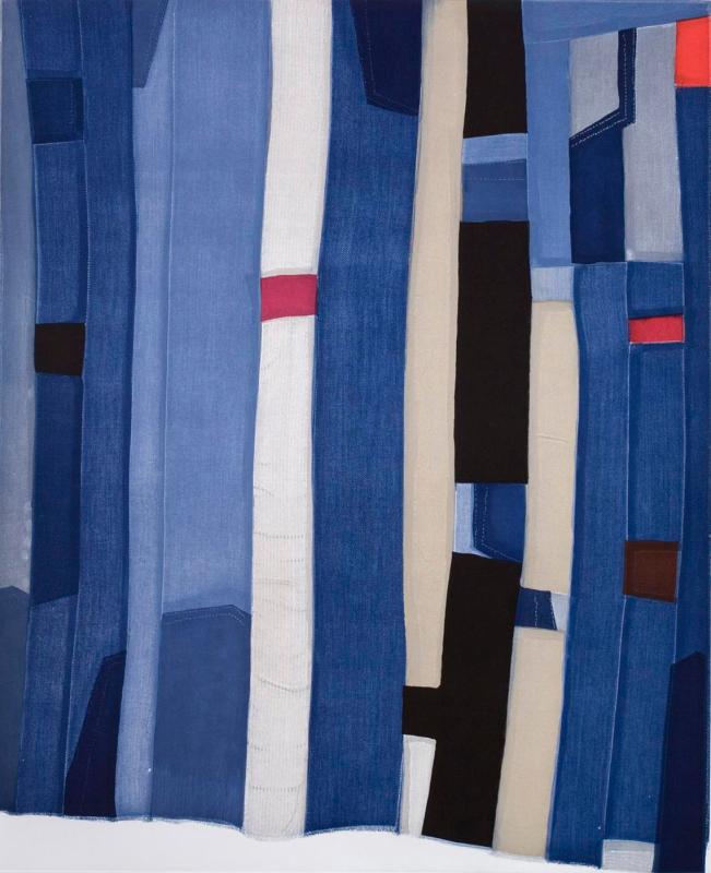 Print on paper showing long vertical strips of color predominantly in shades of blue and cream.