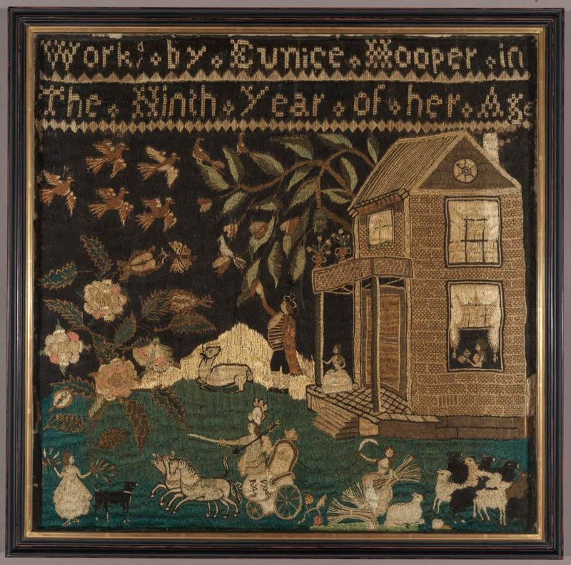 Embroidery of brick house with woman reading in window, figures, horses and carriage, sheep, dog, and ox against dark background with foliage and birds; name and age of maker above.