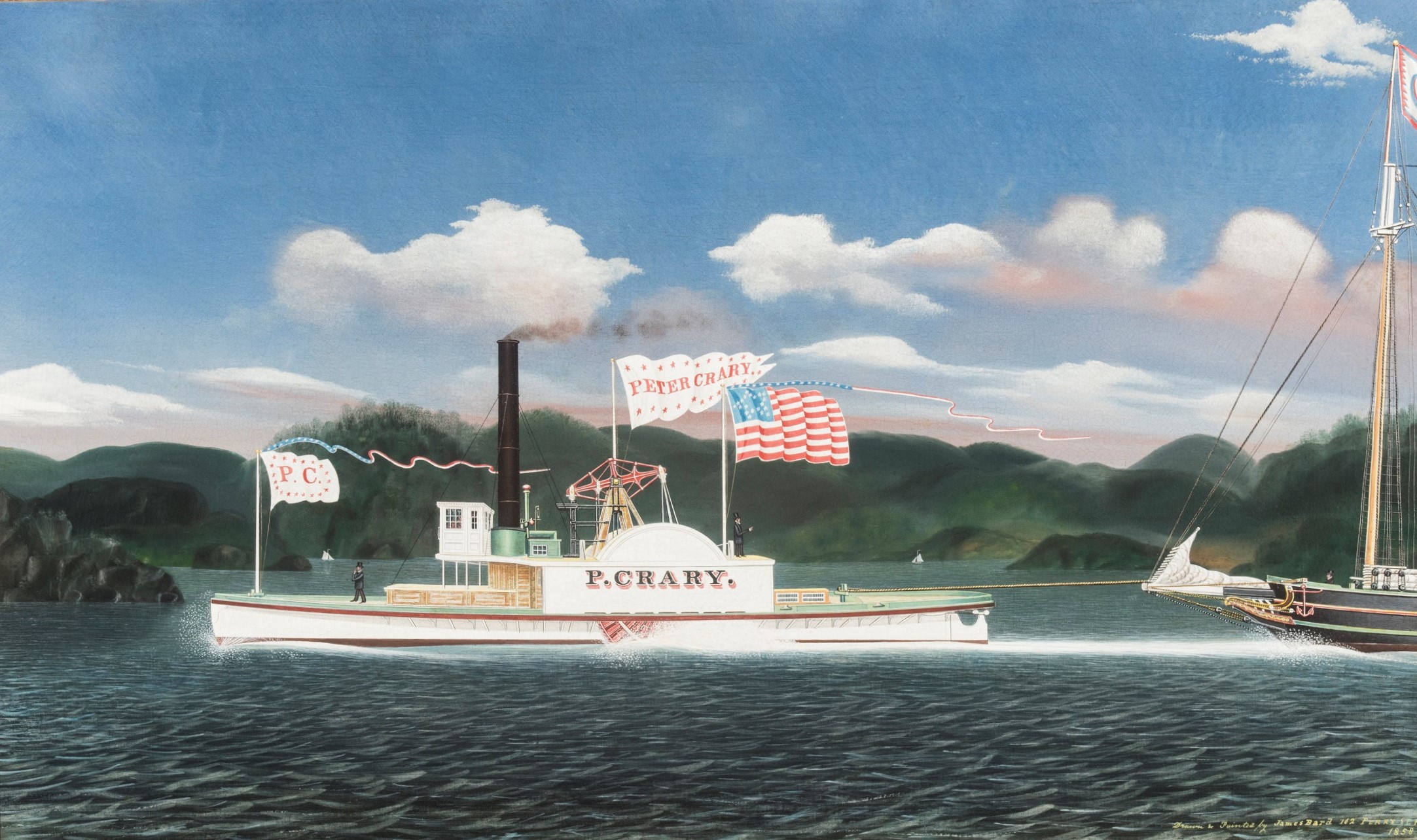 Oil painting of the profile of a steamship on the water in front of green hills; the boat is flying an American flag and towing a sloop with a tall mast, the sloop's back half cut off from view by the edge of the canvas.