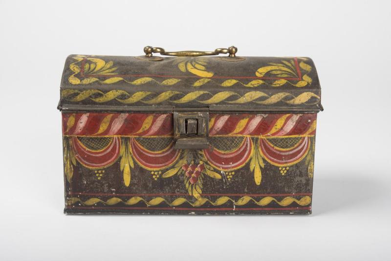 Painted tin document box mounted with original brass handle; decorated with red, white and yellow on three sides and the top; typical of the workshop of Elijah and Elisha North.