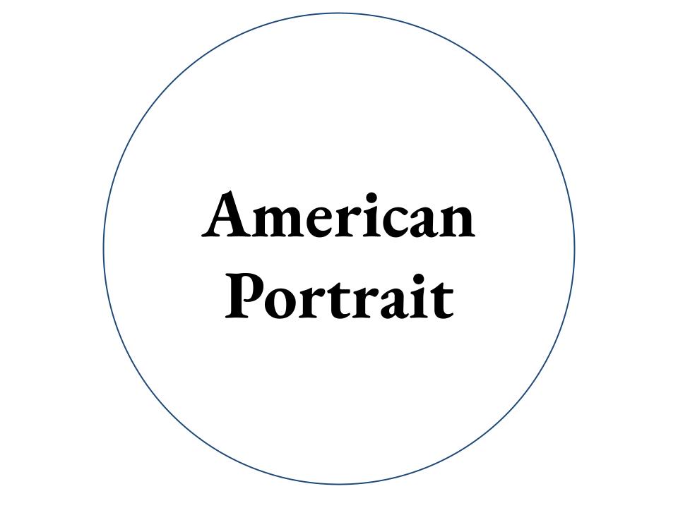 The text American Portrait inside a white circle with a blue outline.