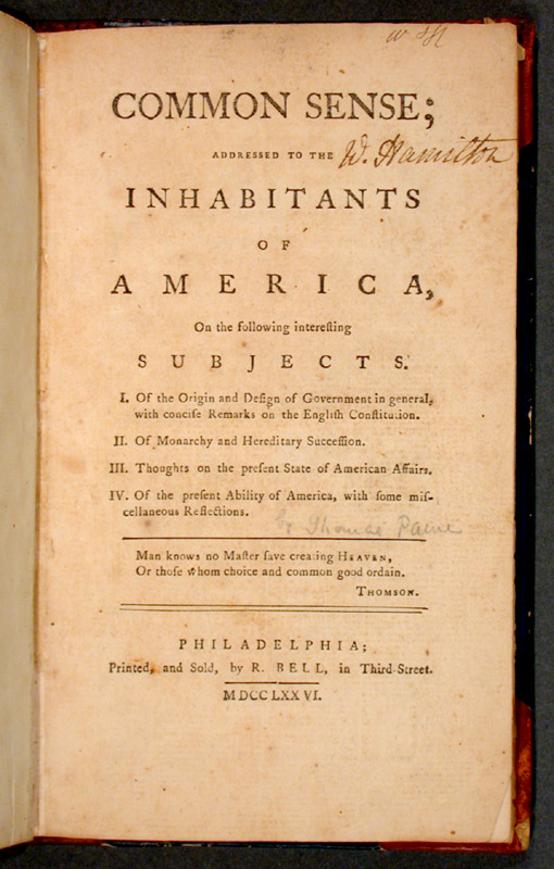 Cover image of “Common Sense,” a pamphlet authored by Thomas Paine. 