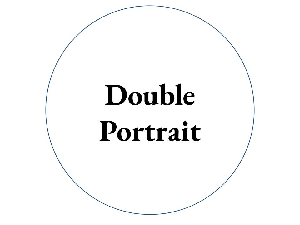 The text Double Portrait inside a white circle with a blue outline.