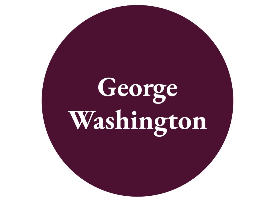 The text George Washington inside a dark purple circle. 