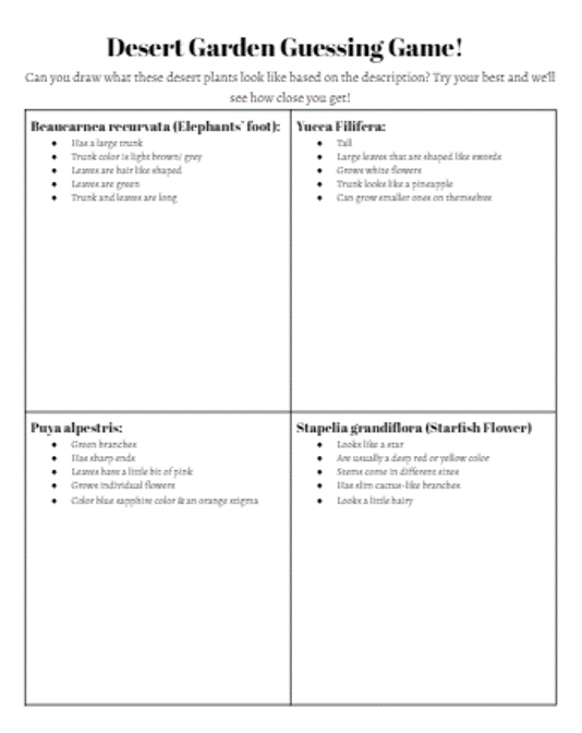 A sheet of paper titled "Desert Garden Guessing Game" has 4 empty squares and instructions to draw 4 plants based on text-based plant descriptions.