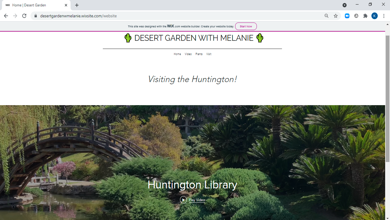 A screenshot of a website titled "Desert Garden with Melanie" offering to play a video that depicts a pond, green plants, and a wooden bridge from The Huntington's Japanese Garden.