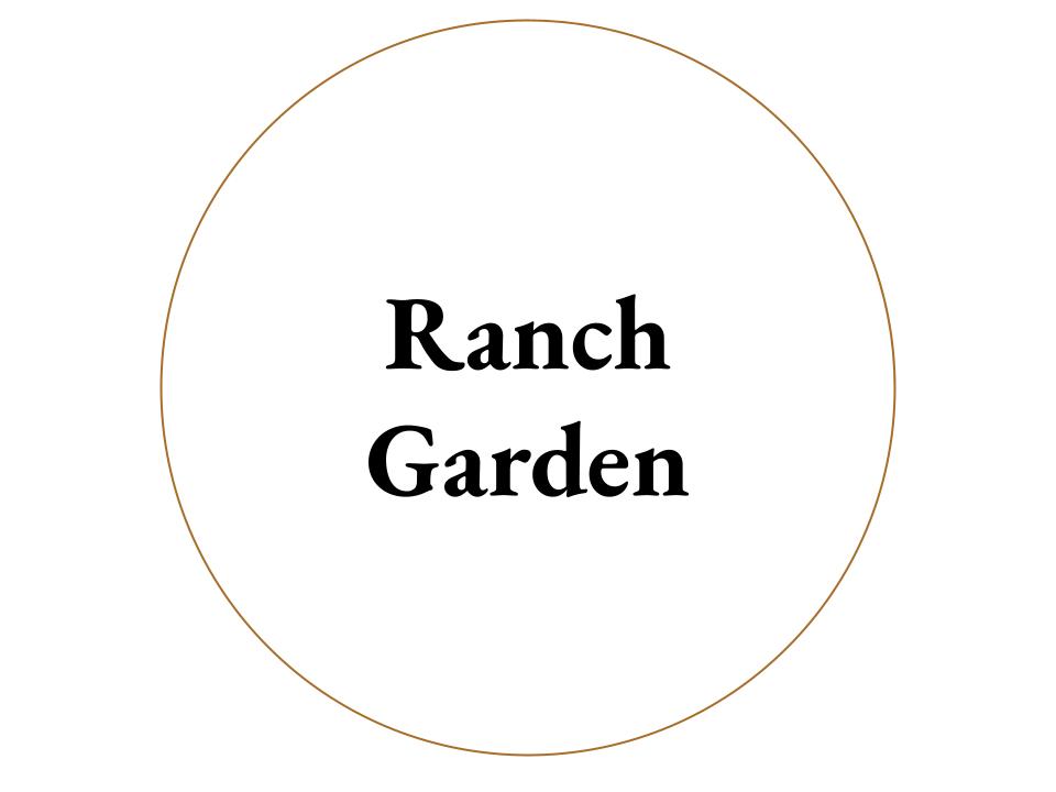 The text Ranch Garden inside a white circle with a brown outline.