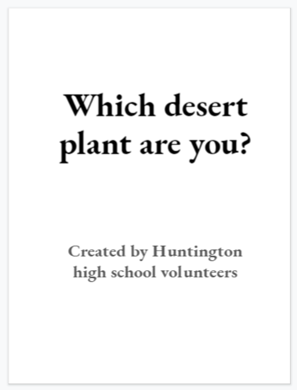 A sheet of paper is titled "Which Desert Plant Are You?"