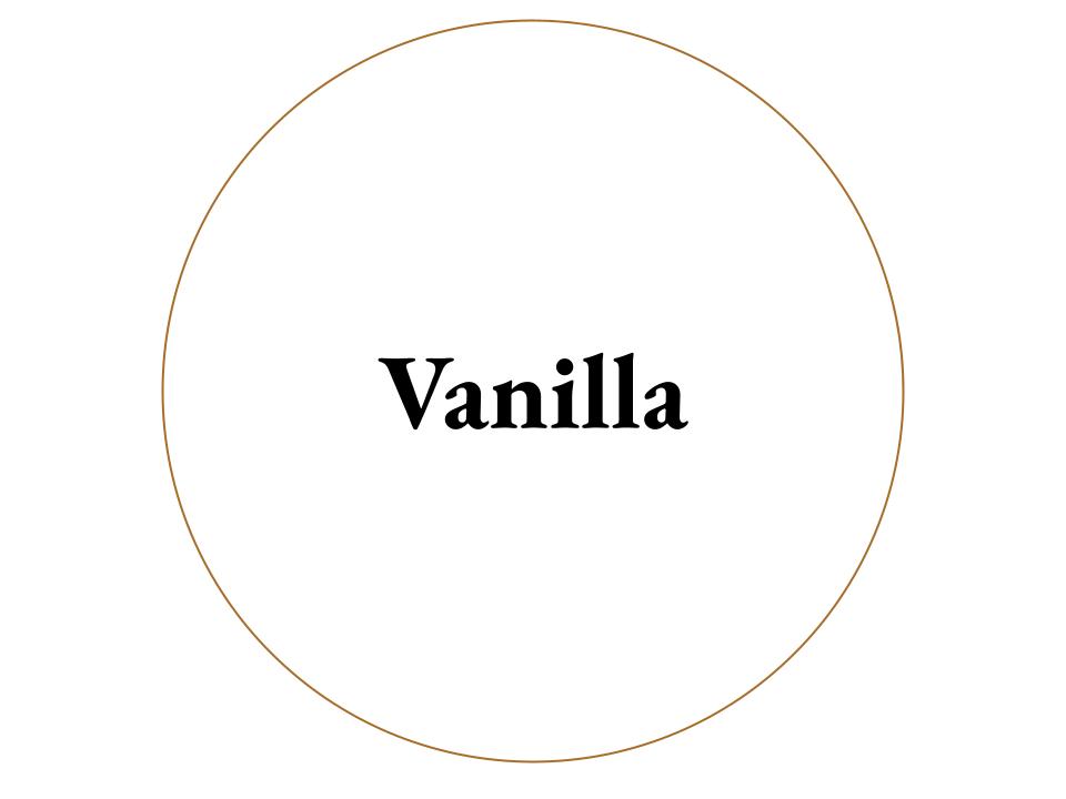 The text Vanilla inside a white circle with a brown outline.