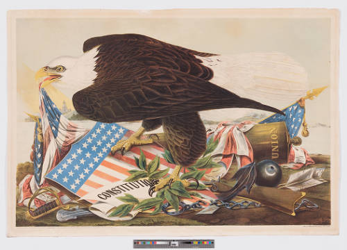Image of a bald eagle on a Union shield with an American flag in its beak; other items including an olive branch, broken chains and shackle, and the Constitution.