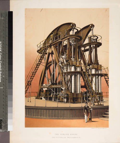 A well-dressed man and woman standing in front of the Corliss steam engine as exhibited at the United States Centennial Exhibition held in Philadelphia, dwarfed by its size.