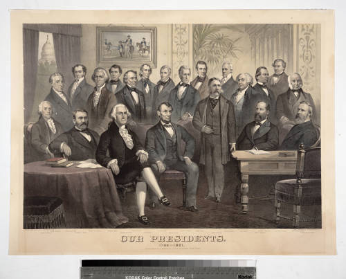 Image of a group portrait of the presidents of the United States from 1789-1881, seated or standing all together in a room with desk and table.
