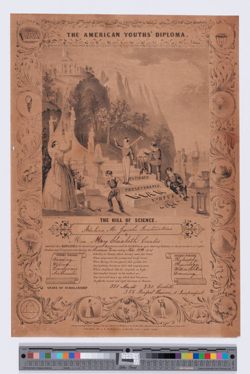 Image of children ascending the steps of the allegorical "Hill of Science" encouraged by a female teacher at the center of a diploma issued to Mary Elizabeth Curtis in 1848