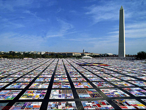 A photograph of the AIDS Quilt displayed on the National Mall in Washington D.C.