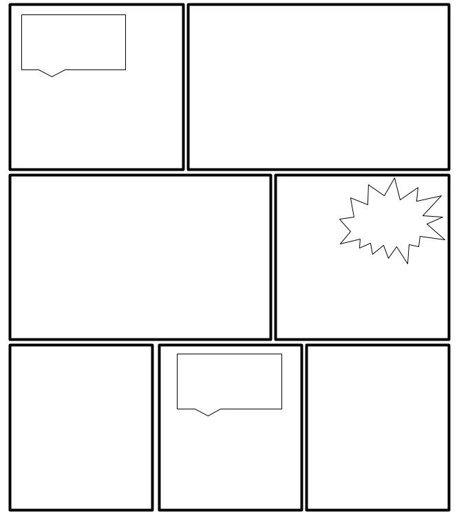 A blank comic strip with three rows: the first row has two boxes with a speech bubble in the first box, the second row has two boxes with a speech bubble in the second box, and the third row has three boxes with a speech bubble in the middle.