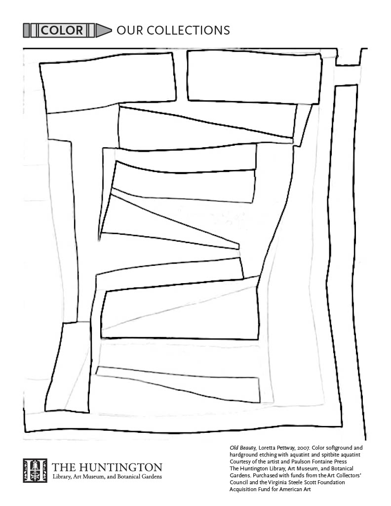 A coloring page of a vertical rectangle with different size rectangles and triangles inside. 