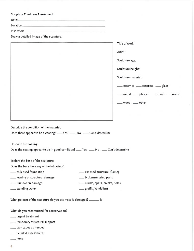 Sculpture assessment document with a box to sketch and a check-list. 