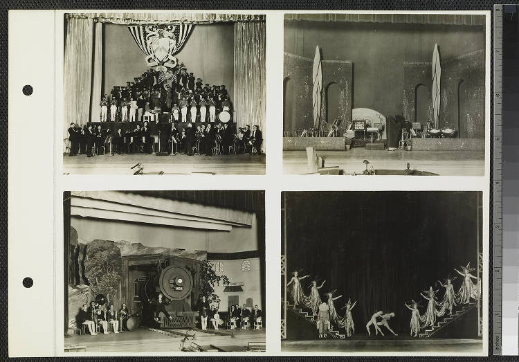 Four photographs showing a different stage performance on each one. 