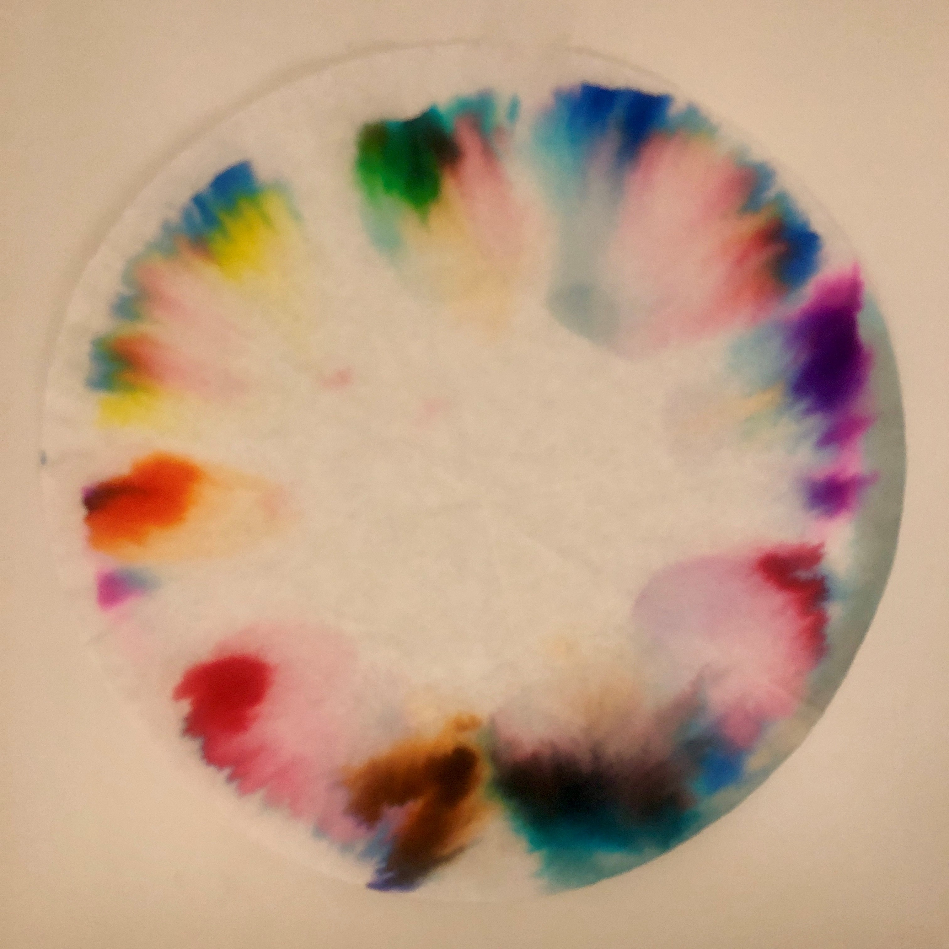 White coffee filter with a rainbow of colors bleeding around the edge.