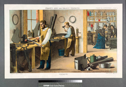 Image of a pair of tinsmiths working in a workshop; a salesman surrounded by kettles, pans, birdcages, and stoves shows a female customer a stove the storefront in background at right.