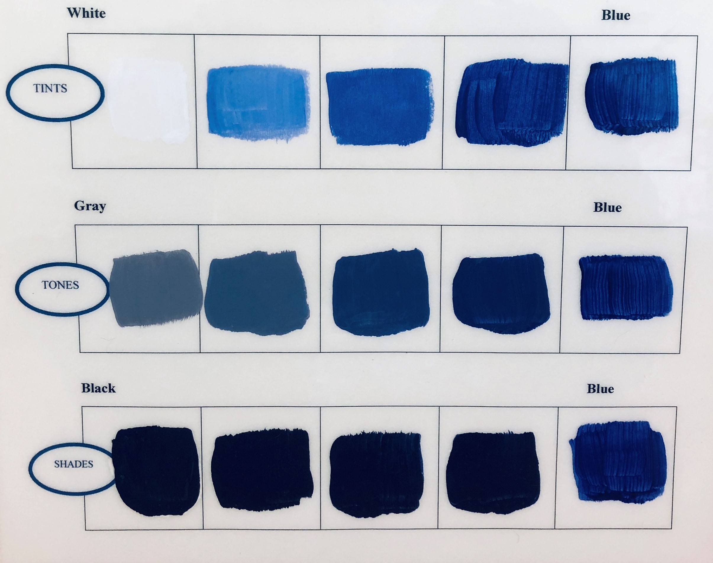 Three rows of various shades of blue. The first row shows white paint and four swatches of blue made from adding white. The second row shows gray and four swatches of blue made from adding gray. The bottom row shows black and four swatches of blue made by adding black.