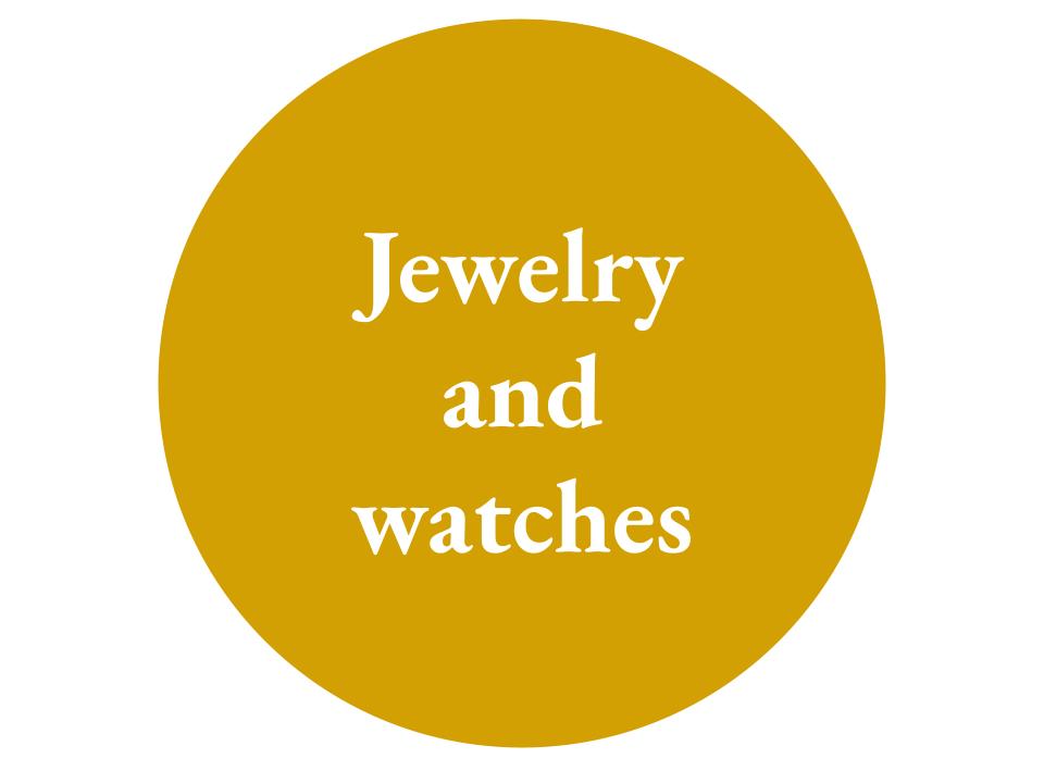 The text Jewelry and watches inside a mustard yellow circle.