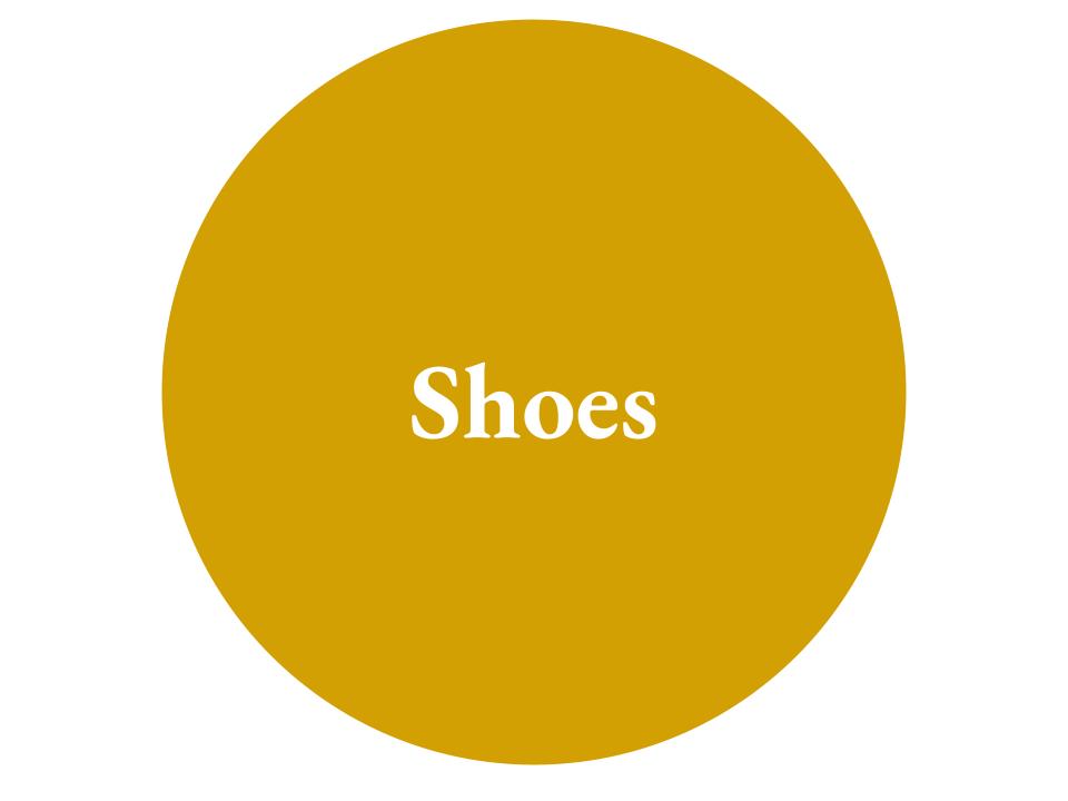 The text Shoes inside a mustard yellow circle.