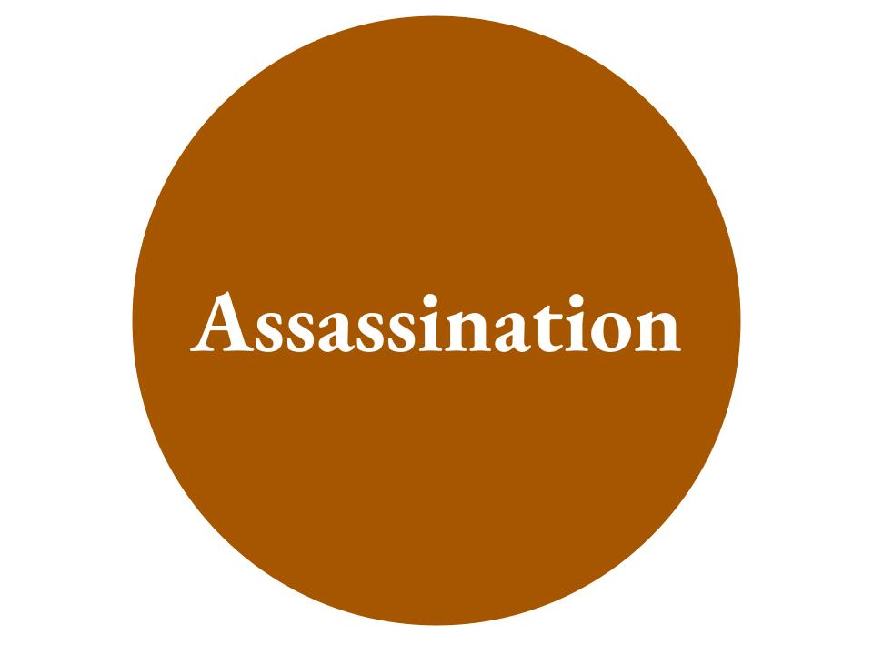 The text Assassination inside a brown-orange circle.