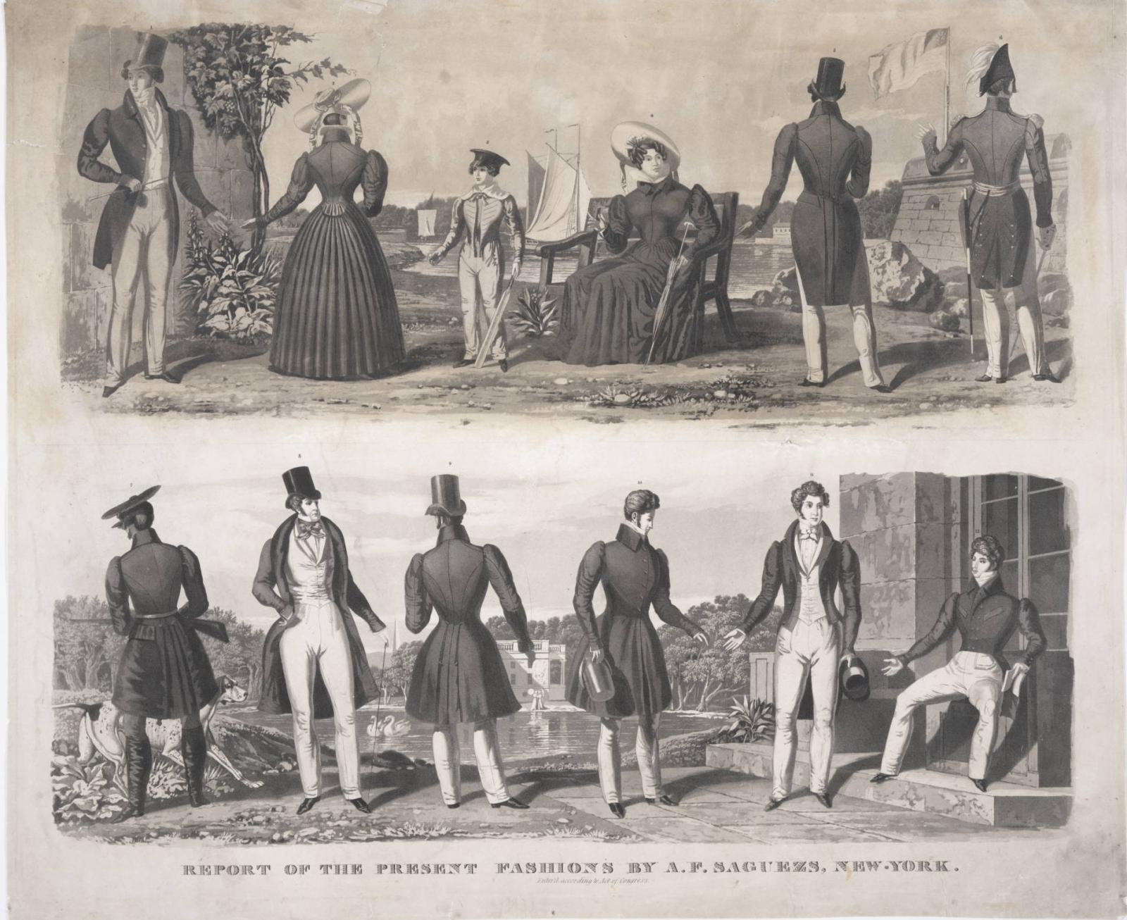 Image of two outdoor vignettes featuring primarily men, also women and a young boy in fashionable attire; title reads "Report of the present fashions by A. F. Saguezs, New-York." 