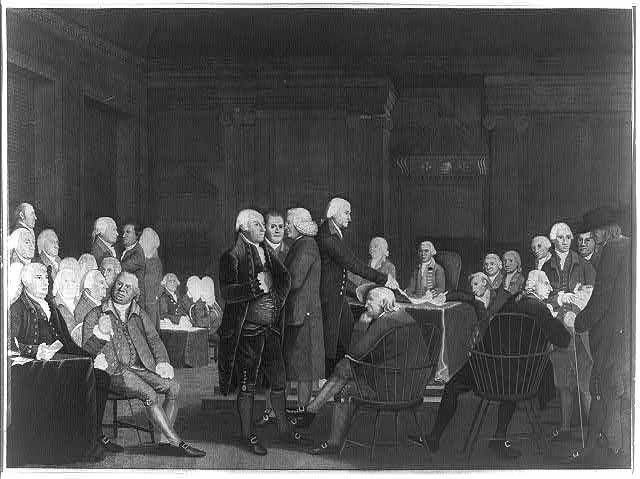 Signers of the Declaration of Independence sitting in Windsor-style chairs (black and white lithograph). 
