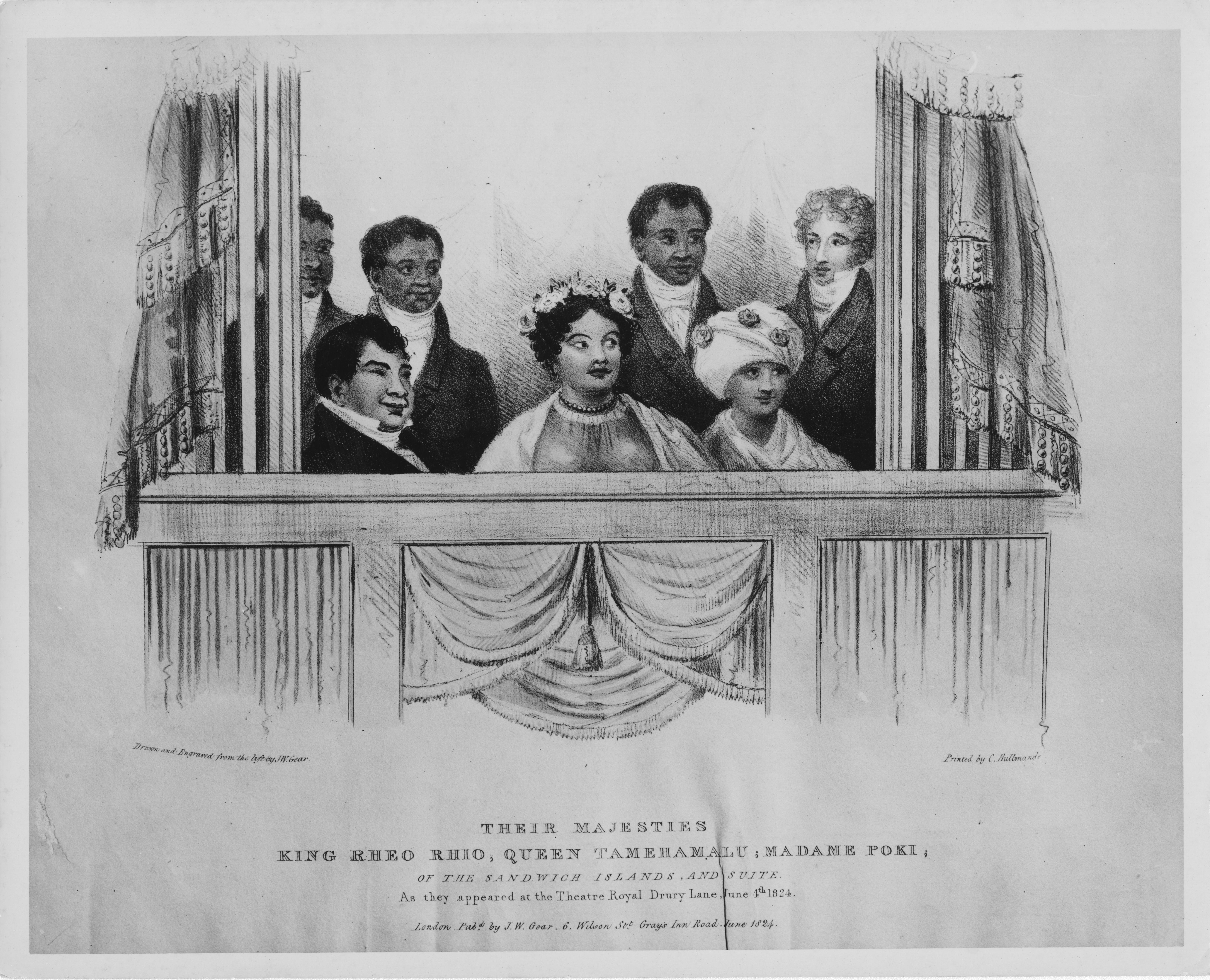 Black and white illustration of Hawaiian Aliʻi wearing Western clothing and sitting in a theater box. Text below the image reads: Their Majesties King Reho Rhio, Queen Tamehamalu, Madame Poki, of the Sandwich Islands, and Suite, As they appeared at the Theatre Royal Drury Lane June 4th 1824. London Pubd by J.W. Gear, 6, Wilson Stt Gray's Inn Road. June 1824. Drawn and Engraved from the life by JW Gear. Printed by C. Hullmande.