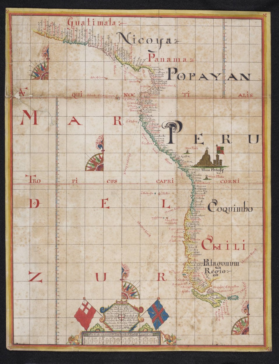 A labeled chart depicting the West coast of Central and South America featuring buildings and flags.