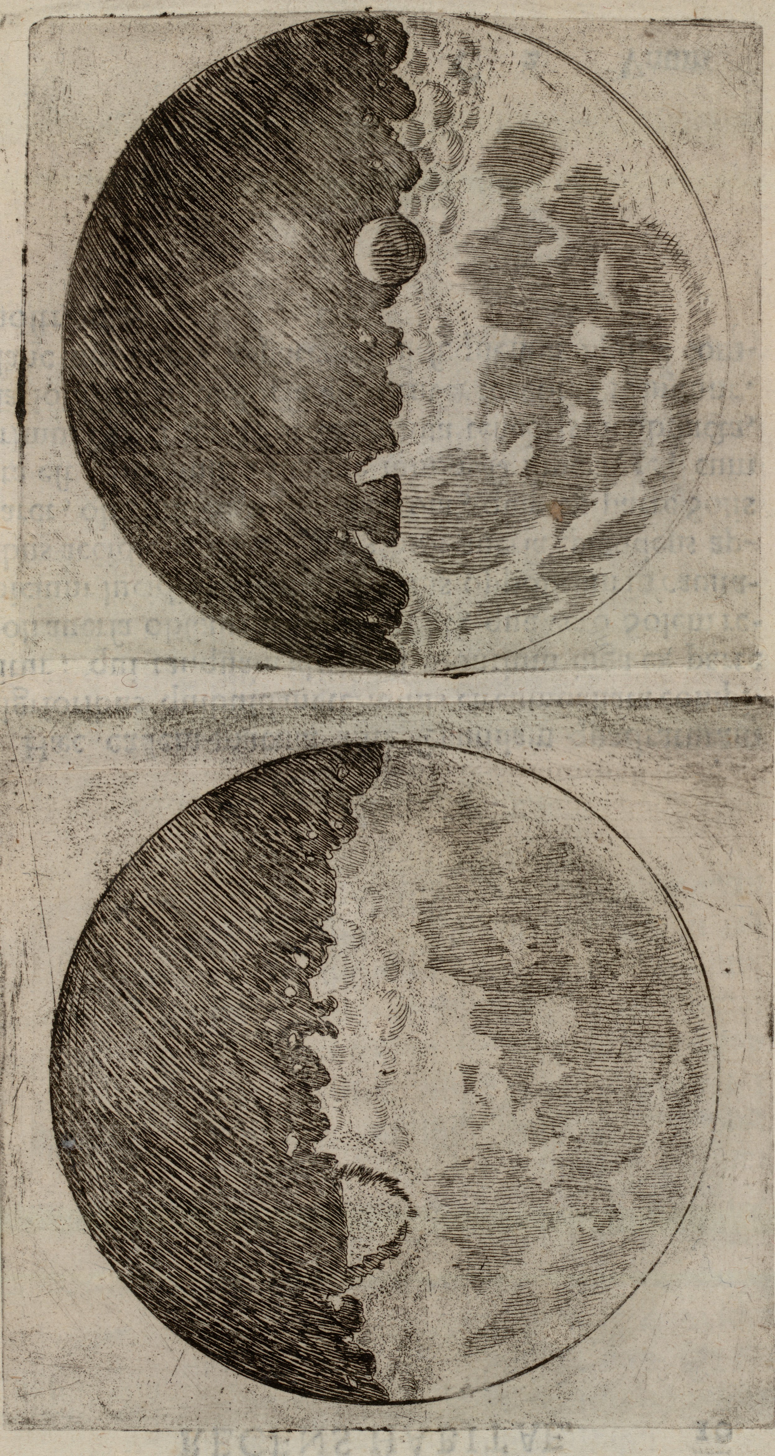 Two illustrations of the moon showing a jagged line down the center. The top illustration has the line almost exactly in the middle and the bottom illustration has the line slightly to the left. To the left of the lines the moon is dark and to the right of the lines the moon is light.	