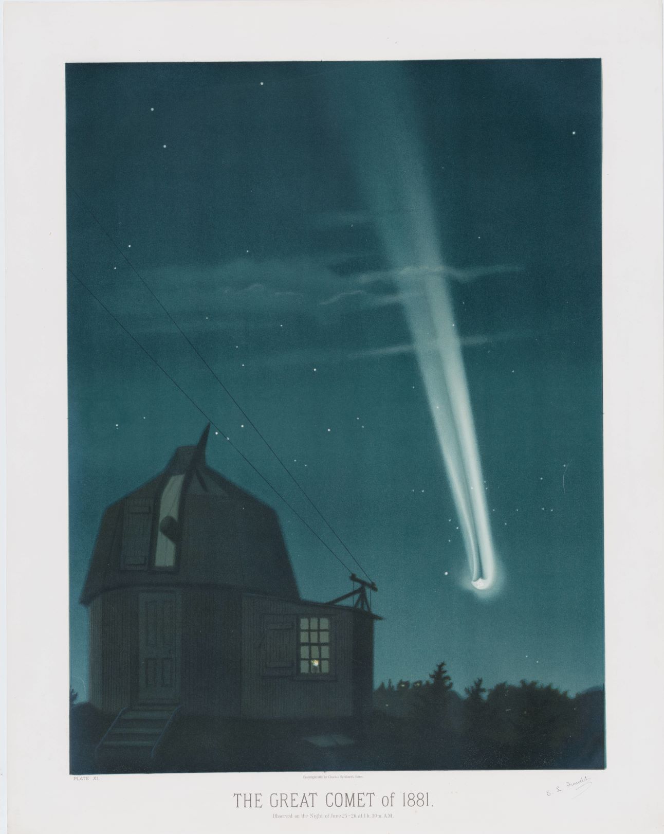 A comet descends through the night sky toward earth. On earth, a house with a telescope stands next to a grouping of trees.
