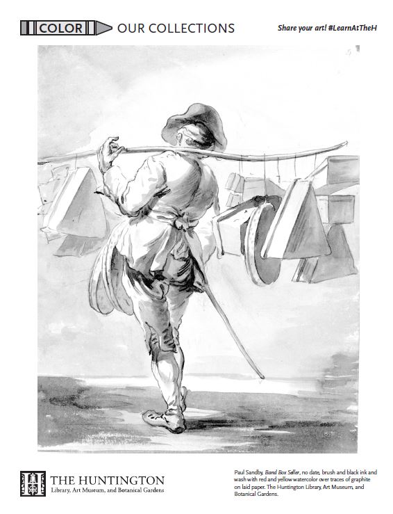 Back of a man walking with a rod over his left shoulder with various shapes of hat boxes dangling from the rod.