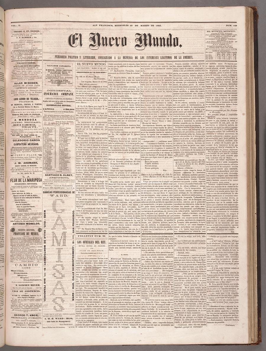 Detail of the front page of San Francisco’s El Nuevo Mundo newspaper, March 29, 1865. 